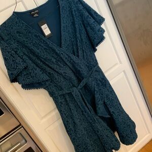 City chic peacock color dress. Lace belt with loops ruffle. NWT M/18.